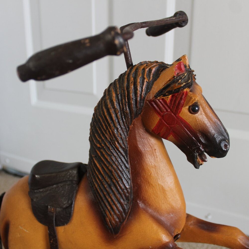 Vintage 17.5"Tall x 16" Wood & Cast Iron Leather Saddle Horse Trike - Picture 4 of 16